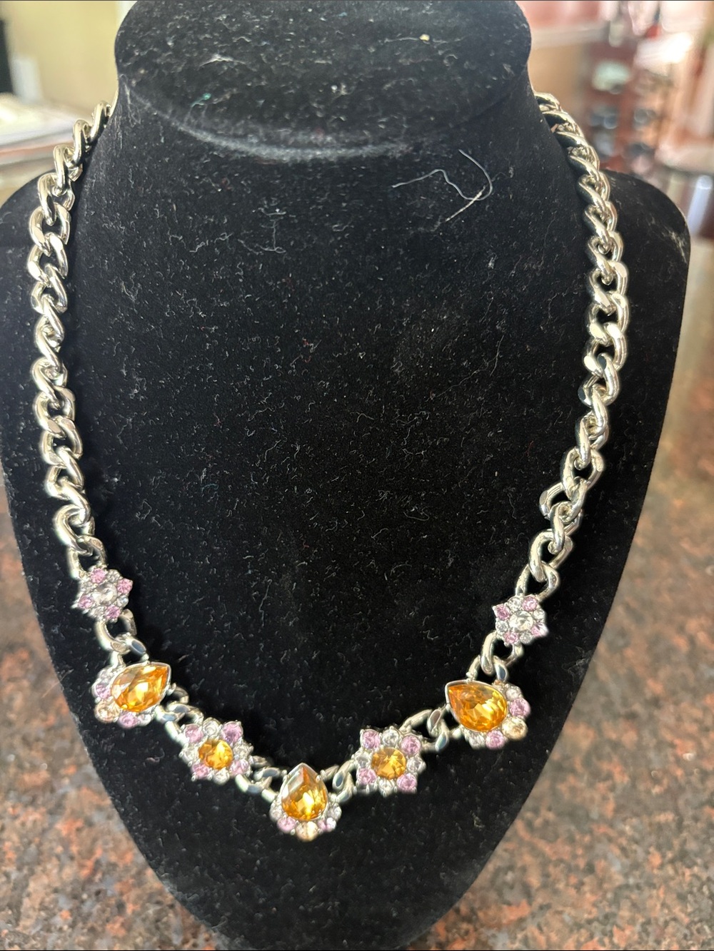 Silver Tone faux stone Rhinestone yellow sapphire pink thick chain stamped